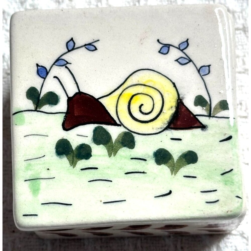 Hand-Painted Ceramic Snail Trinket Earring Box Leaf Design Square Shape 3" Gift